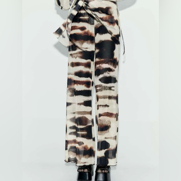 Zara High Waisted Tie Dye Tulle Print Mesh Straight Leg Pants Sz L - Picture 8 of 10
